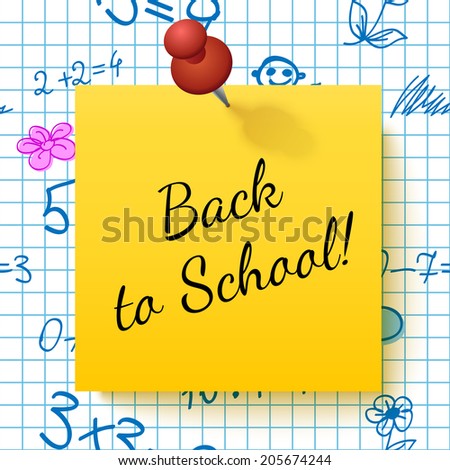Yellow Paper Note with Lettering Back to School on Exercise Book Paper in a Cell with Handmade Drawings. Vector Illustration
