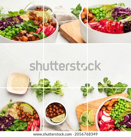 Collage of tasty colorful vegan poke bowl on light gray background. Fresh healthy recipe. 
