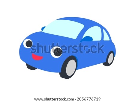 Illustration of a smiling blue car seen from an angle. Vector illustration.