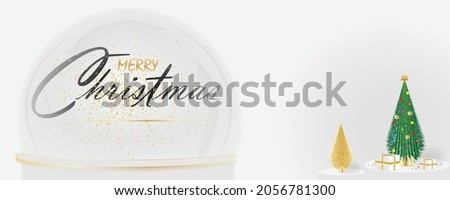 Merry Christmas banner. Xmas Snowball with trees and house. Glass snow globe realistic 3d design. Festive Christmas object. Holiday poster, header for website, greeting card, flyer