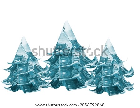 Three blue Christmas trees made of toy money on a white background.Imitation of the euro.Copy space.