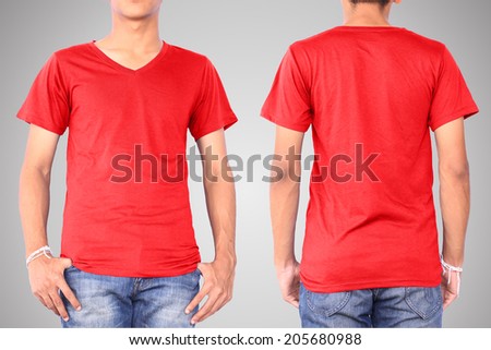 Red t-shirt on a young man template isolated on white background back and front. This has clipping path.