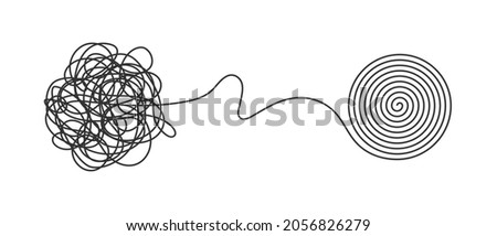 Chaos and order business concept flat style design vector illustration isolated on white background. Tangled disorder turns into spiral order line, find solution. Coaching, mentoring or psychotherapy. Royalty-Free Stock Photo #2056826279