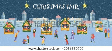Christmas fair horizontal vector banner. Winter night cityscape with people and shops.