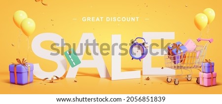 3d yellow great discount sale background. Illustration of large SALE word with shopping cart, gift boxes, credit card and countdown clock. Royalty-Free Stock Photo #2056851839