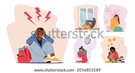 Set of Male and Female Character in Stress and Depression. Depressed People with Bewildered Thoughts in Mind Feel Unhappy Emotions, Mental Disease, Life or Work Problems. Cartoon Vector Illustration Royalty-Free Stock Photo #2056853189