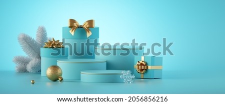 3d render. Christmas banner with empty podium, gift boxes and ornaments, isolated on mint blue background. Modern minimal showcase for product presentation