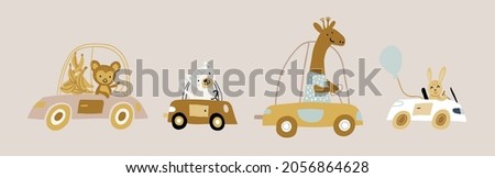 Vector set with cute animals riding the car in colorful flat cartoon style. Doodle animals drivers set. money, cat, giraffe, rabbit in transport isolated