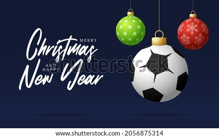 soccer Merry Christmas and Happy New Year luxury Sports greeting card. football ball as a Christmas ball on background. Vector illustration.