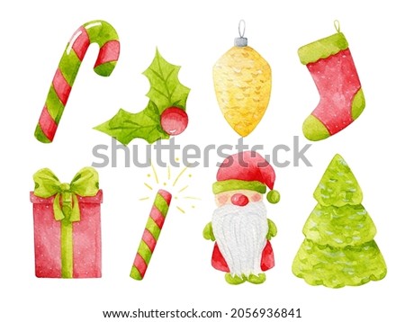 New Year, Christmas clip art set. Watercolor winter holiday illustrations isolated on white. Cute, red, green, yellow present, holly, candy, santa, stocking, cone, tree design elements.