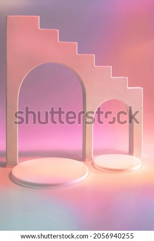 Abstract surreal scene - empty stage with circle podiums and arches on holographic pastel pink neon colored background. Pedestal for cosmetic, beauty product, packaging mockups presentation