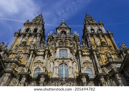 Towers of the facade of the cathedral of Santiago de Compostela in Galicia, Spain.