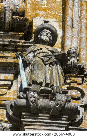 Statue of the Apostle James on the facade of the Cathedral of Santiago de Compostela in Galicia, Spain.