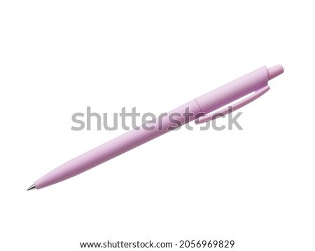 Pink, lilac matte automatic plastic handle isolated on a white background. Stationery for school and office. Banner, advertising. Copy space.Perfect retouching.