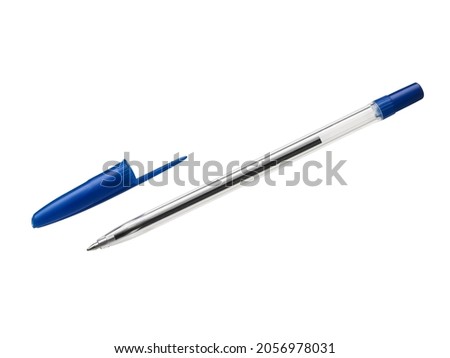 A simple blue ballpoint pen with an open cap in a transparent case, isolated on a white background. Stationery for school and office. Banner, advertising. A place to copy.