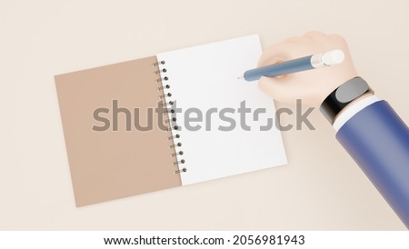 3D cartoon businessman writing a pencil on a blank open notebook page, businessman signs document, clean sheets, empty blank, minimal flat lay, Top view, template for text, 3d rendering.