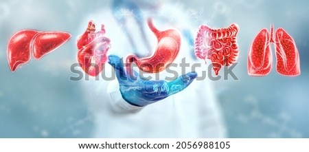 Human internal organs treatment concept. The doctor shows the patient's organs, a hologram with medical indications. Modern medicine, healthcare, medical insurance Royalty-Free Stock Photo #2056988105
