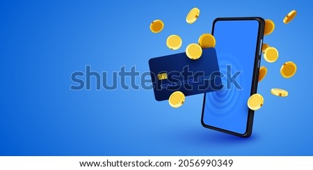 Mobile banking app and e-payment. Smartphone pay by credit card via electronic phone wallet. Online banking. Shopping by phone and connected card. Vector illustration Royalty-Free Stock Photo #2056990349