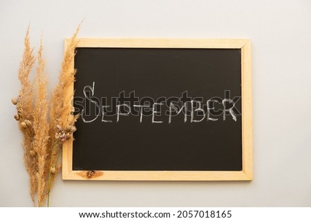 September calendar, dry herbs and chalkboard on a grey background. Flat lay. Calendar month concept.