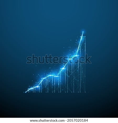 Abstract 3d growth chart in dark blue. Business, financial, analytics concept. Digital vector monochrome graph with connected dots, lines and shapes. Low poly diagram wireframe looks like starry sky
