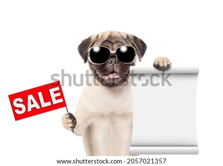 Pug puppy wearing sunglasses holds sales symbol and empty list. isolated on white background