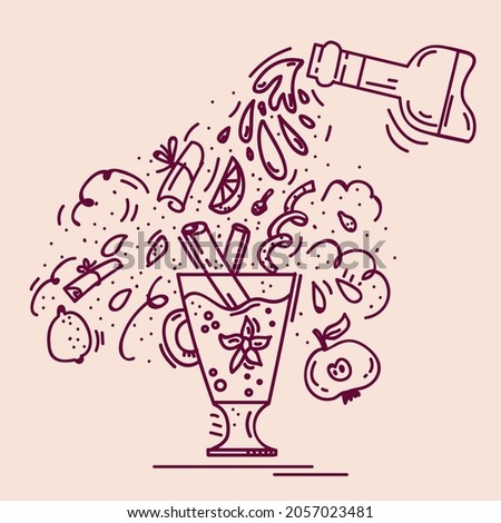 A poster with warming Mulled wine. Illustration linear recipe wine with spices. Doodle background for a menu with a cup for a hot drink. Vector illustration