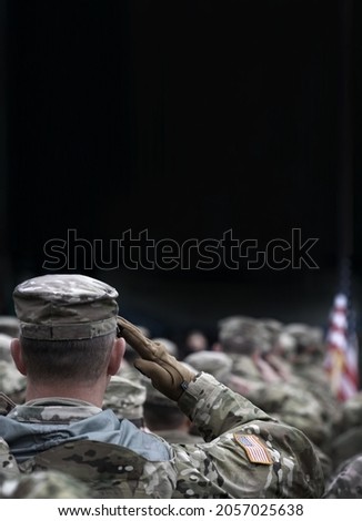 US soldiers salute. Military of USA. United States Army. Veterans Day. Empty space for text Royalty-Free Stock Photo #2057025638
