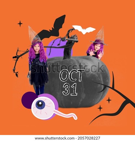 Collage of Halloween lettering, pumpkin, bats and witch girls on orange background. Modern design, contemporary art concept. Selective focus.