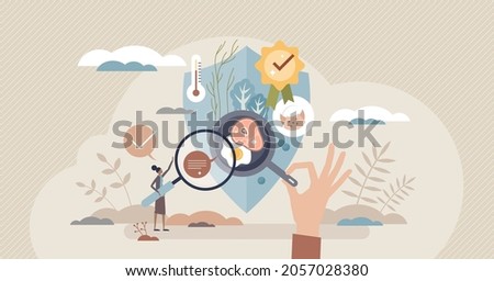 Food safety, infection disease prevention management, flat tiny person concept. Hygiene control and nutrition quality certification process. Catering industry research and introduction guidelines. Royalty-Free Stock Photo #2057028380