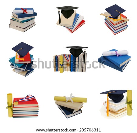 Collection grad hat and diploma with books isolated on white 