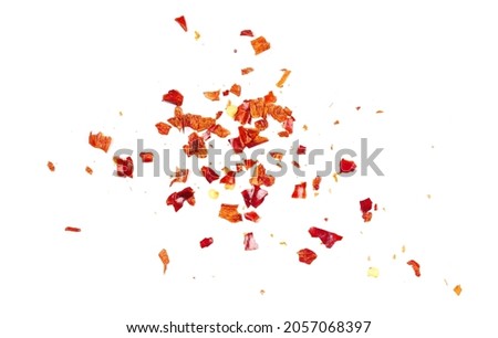 Crushed red cayenne pepper, dried chili flakes and seeds pile isolated on white background, top view Royalty-Free Stock Photo #2057068397