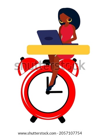 Young woman worker  With time management to optimize the business. Concept of marketing project launch optimization, perfect timing, time management for business. Modern flat vector illustration 