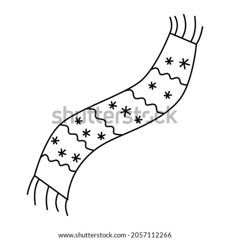 Knit warm scarf  with snowflakes, stripes black and white vector in contour line art cartoon doodle style. Seasonal winter clothing clip art design clipart element.Autumn collection fashion accessory.