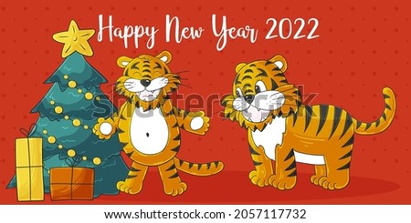 Astrological Symbol of 2022. Long New Year card in hand-draw style. Christmas tree