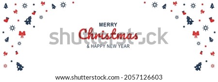 Merry Christmas and New Year 2022 poster. Xmas minimal banner design with trees, socks, bows, stars pattern and text on white background. Horizontal web header. Vector illustration for greeting card