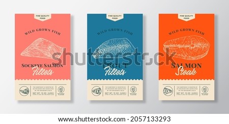 Fish Abstract Vector Packaging Labels Design Set. Modern Typography Banner, Hand Drawn Salmon and Trout Fish Fillets Sketch Silhouettes. Color Paper Background Layouts Collection. Isolated.