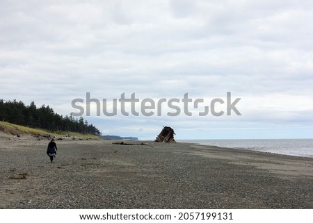 A mom and daughter exploring the Pesuta Shipwreck site, a popular tourist attraction outside Tlell, in Naikoon Provincial Park, Haida Gwaii, Canada. The wooden ship is on a sandy beach by the ocean