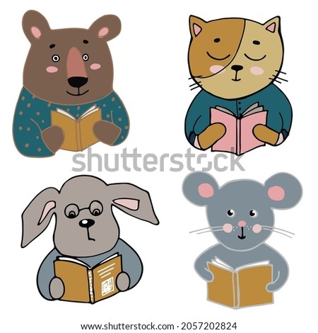 cliparts with reading animals, a portrait of an animal reading a book, a bear, a cat, a dog and a mouse, hand-drawn, isolated on a white background
