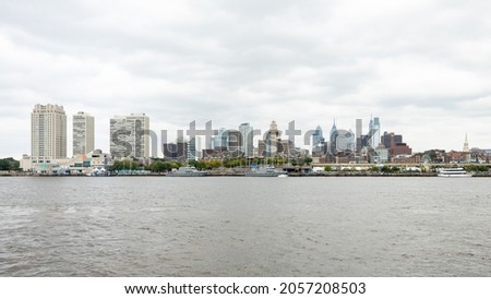 Philadelphia, Pennsylvania city skyline as seen from Camden waterfront, New Jersey, USA