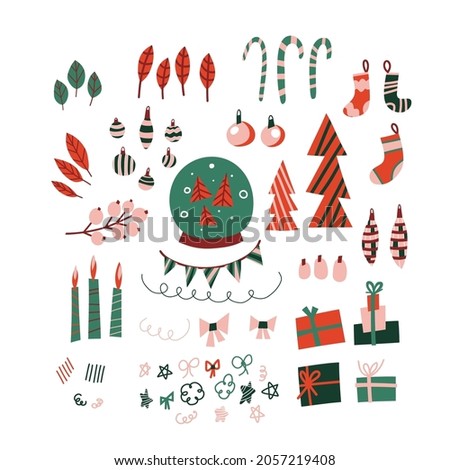 Christmas and new year colorful clipart set with Christmas figures and elements. Bright vector decor for web and print. 