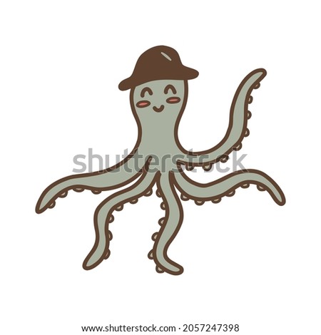 Happy blue octopus in a hat. Colorful vector isolated illustration hand drawn outline