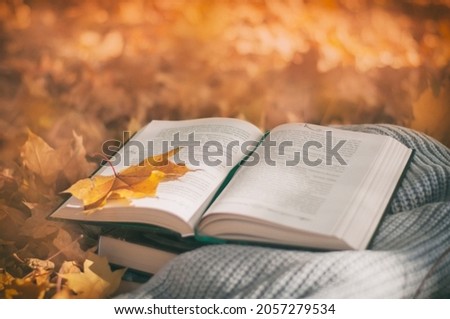 seasonal autumn reading of books, open book lies on a warm scarf against a background of yellow leaves. High quality photo