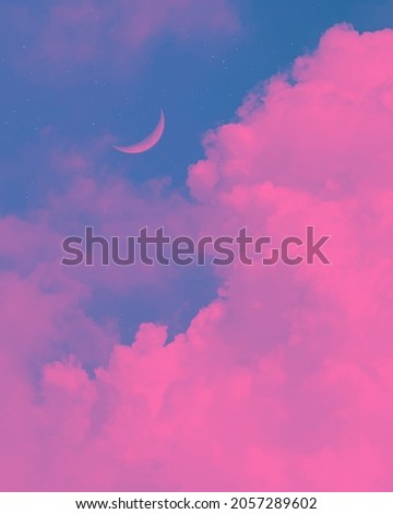 Pink clouds with pink moon and stars, photo editing