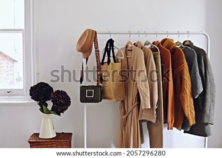 Rack with stylish women's clothes in the room. Interior design