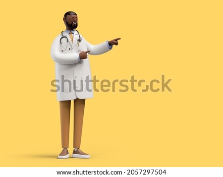 3d render. African cartoon character doctor gives recommendation. Medical clip art isolated on yellow background. Professional advice