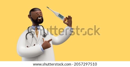 3d render. Doctor african cartoon character with stethoscope and thermometer, medical clip art isolated on yellow background