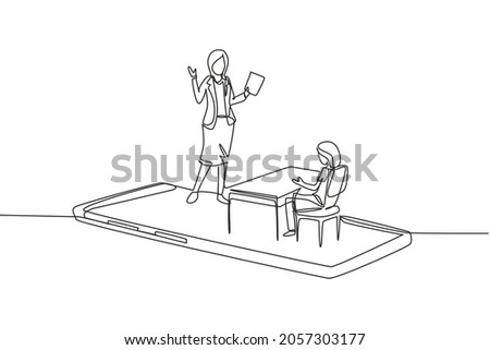 Single continuous line drawing female teacher teaching female junior high school student who sits on bench around desk and studies on smartphone. One line draw graphic design vector illustration