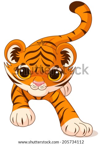 Illustration of crouching cute baby tiger