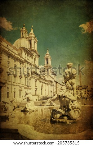vintage style picture of a fountain on the Piazza Navona in Rome, Italy
