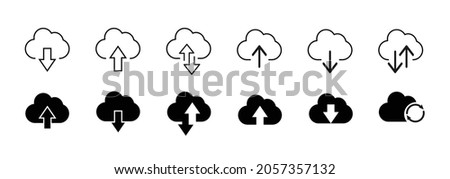Cloud download and upload icon. Upload download cloud arrow. Line style. Download cloud computing outline and filled vector sign. Download symbol. Royalty-Free Stock Photo #2057357132